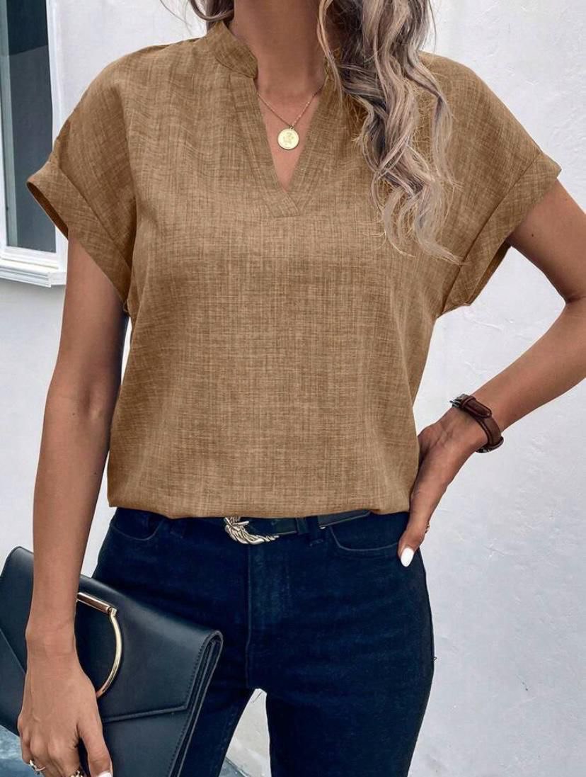 V NECK SOLID BATWING SHORT SLEEVE BLOUSE