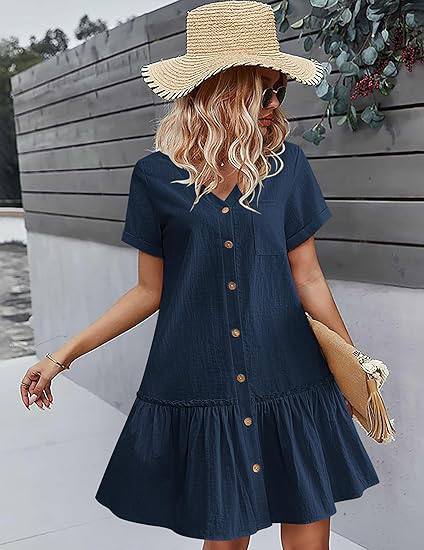 Casual Button Down Shirt Dress Short Sleeve V Neck Mini Summer Dress