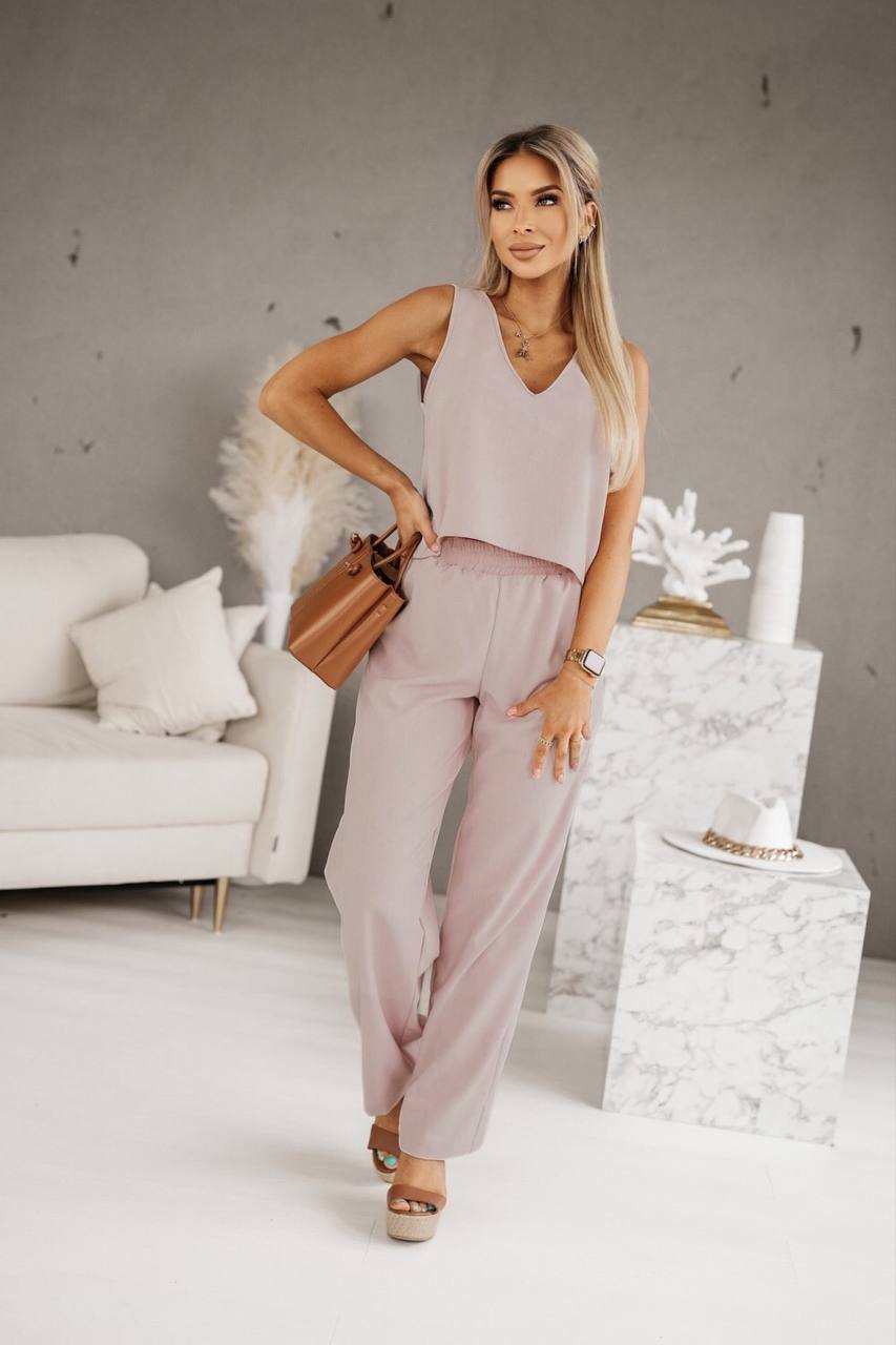 SOLID COLOR V NECK SLEEVELESS CROP 2-PIECE SET