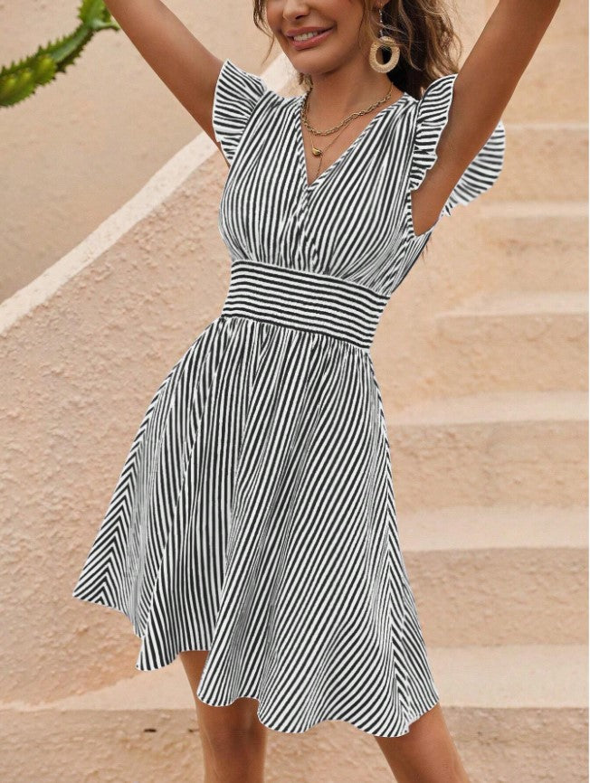 STRIPED BUTTERFLY SLEEVE SUMMER MINI DRESS