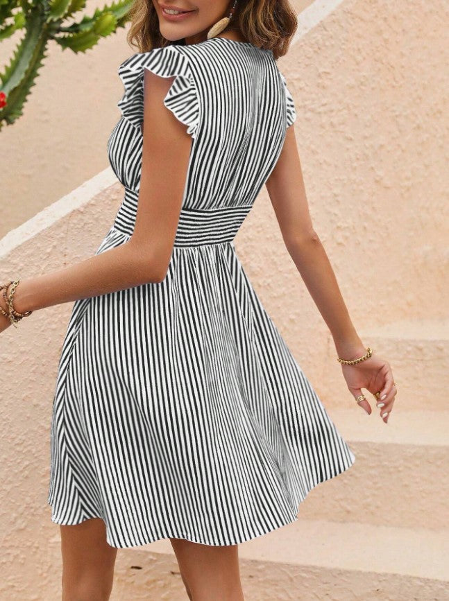 STRIPED BUTTERFLY SLEEVE SUMMER MINI DRESS