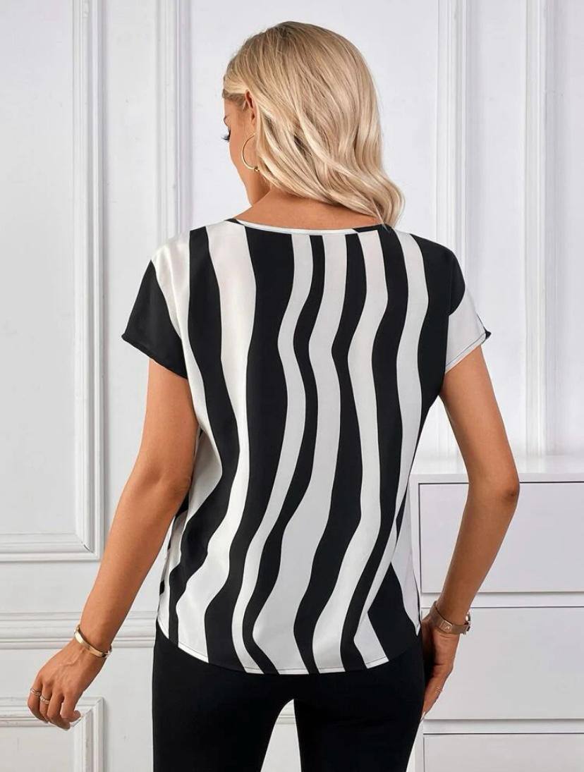 STRIPE V NECK CUT OUT SHORT SLEEVE TOPS BLOUSE