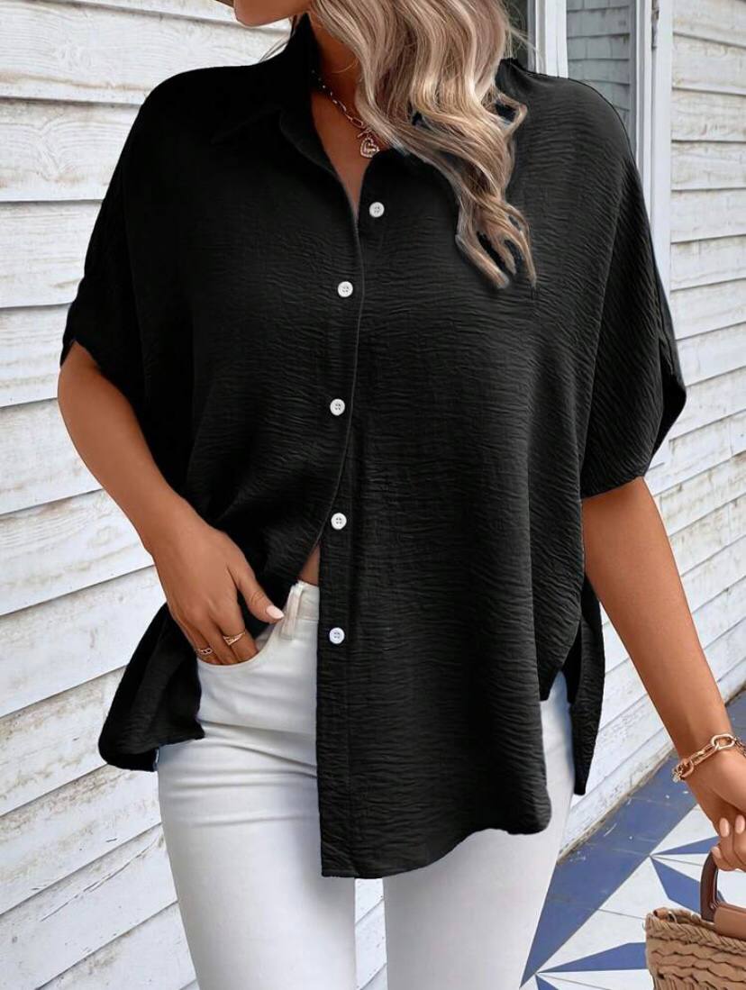 Batwing Short Sleeve Oversized Button Down Shirts