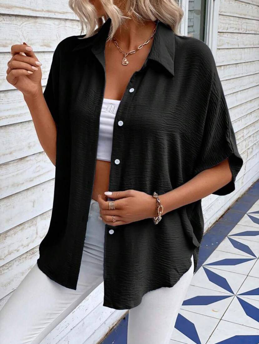 Batwing Short Sleeve Oversized Button Down Shirts