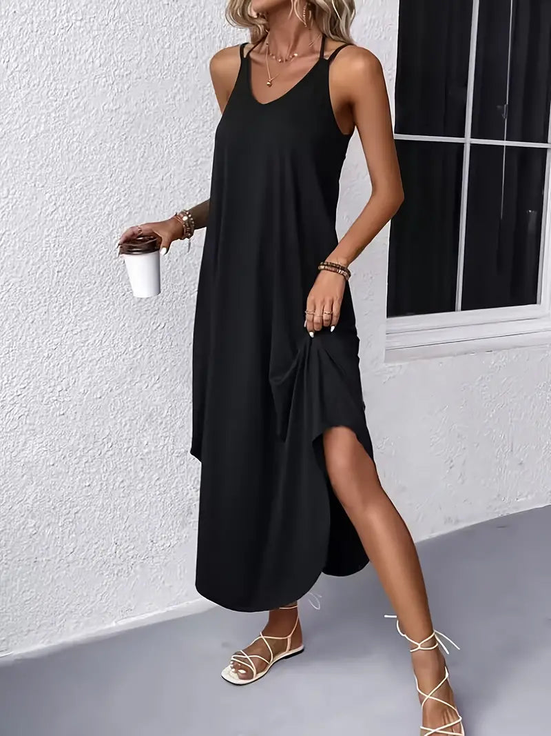 Solid Summer Strap Halter Cami Midi Dress