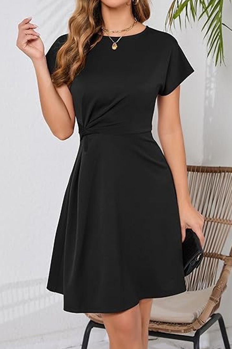 Short Sleeve Twist Knot Cocktail Dress Crew Neck Casual Party Dresses