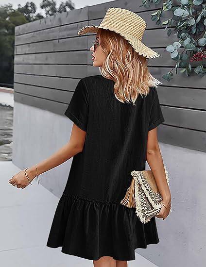 Casual Button Down Shirt Dress Short Sleeve V Neck Mini Summer Dress