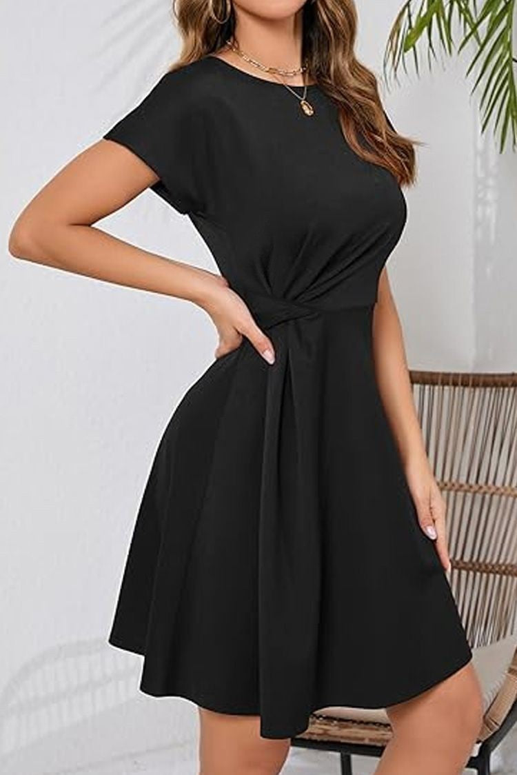 Short Sleeve Twist Knot Cocktail Dress Crew Neck Casual Party Dresses