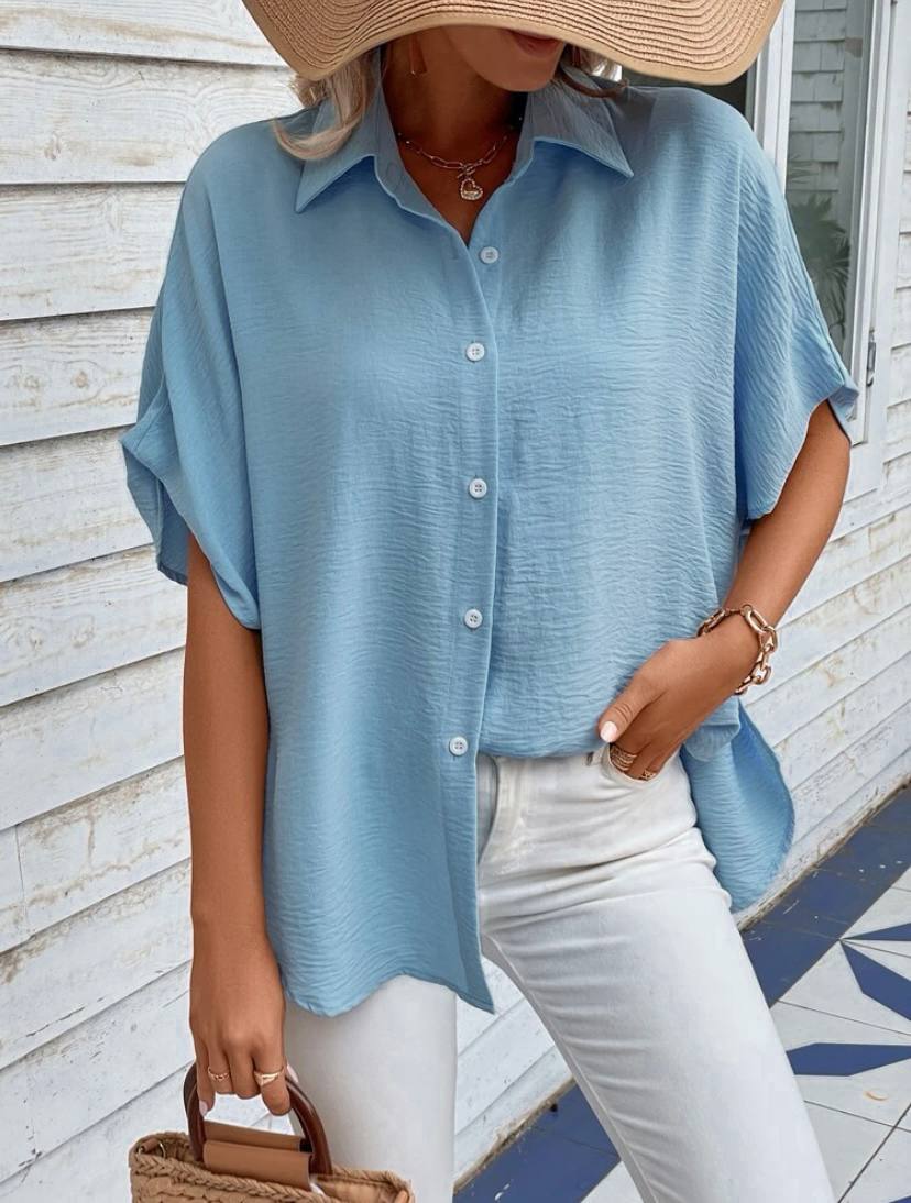 Batwing Short Sleeve Oversized Button Down Shirts