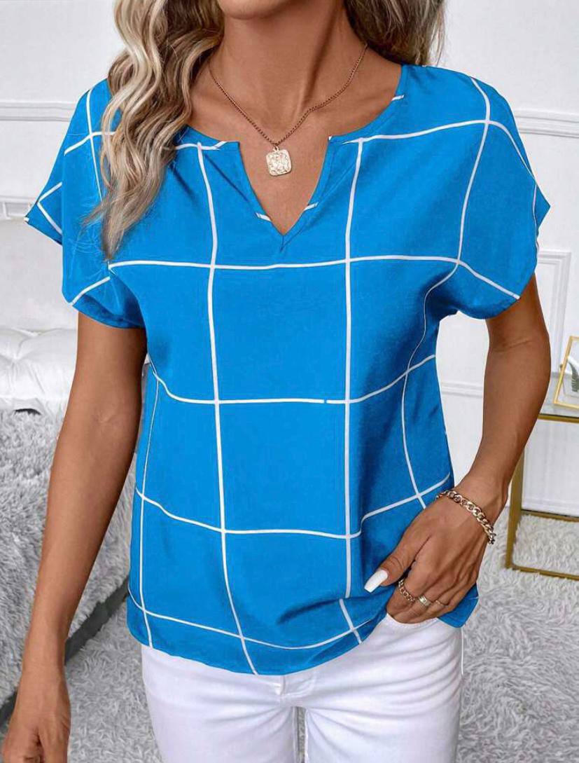 SHORT SLEEVE PLAID BLOUSE TOPS