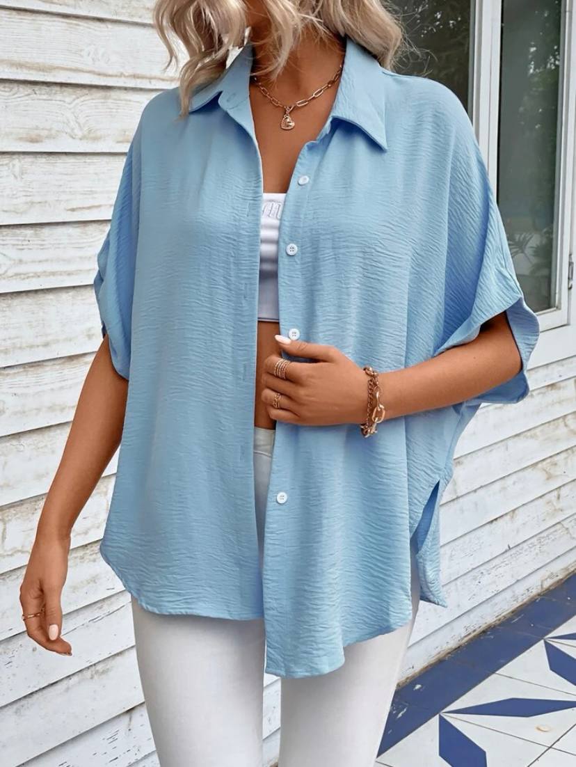 Batwing Short Sleeve Oversized Button Down Shirts