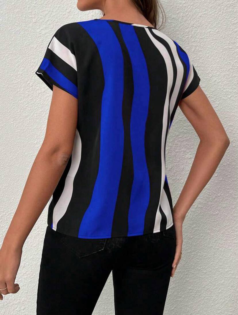 STRIPE V NECK CUT OUT SHORT SLEEVE TOPS BLOUSE