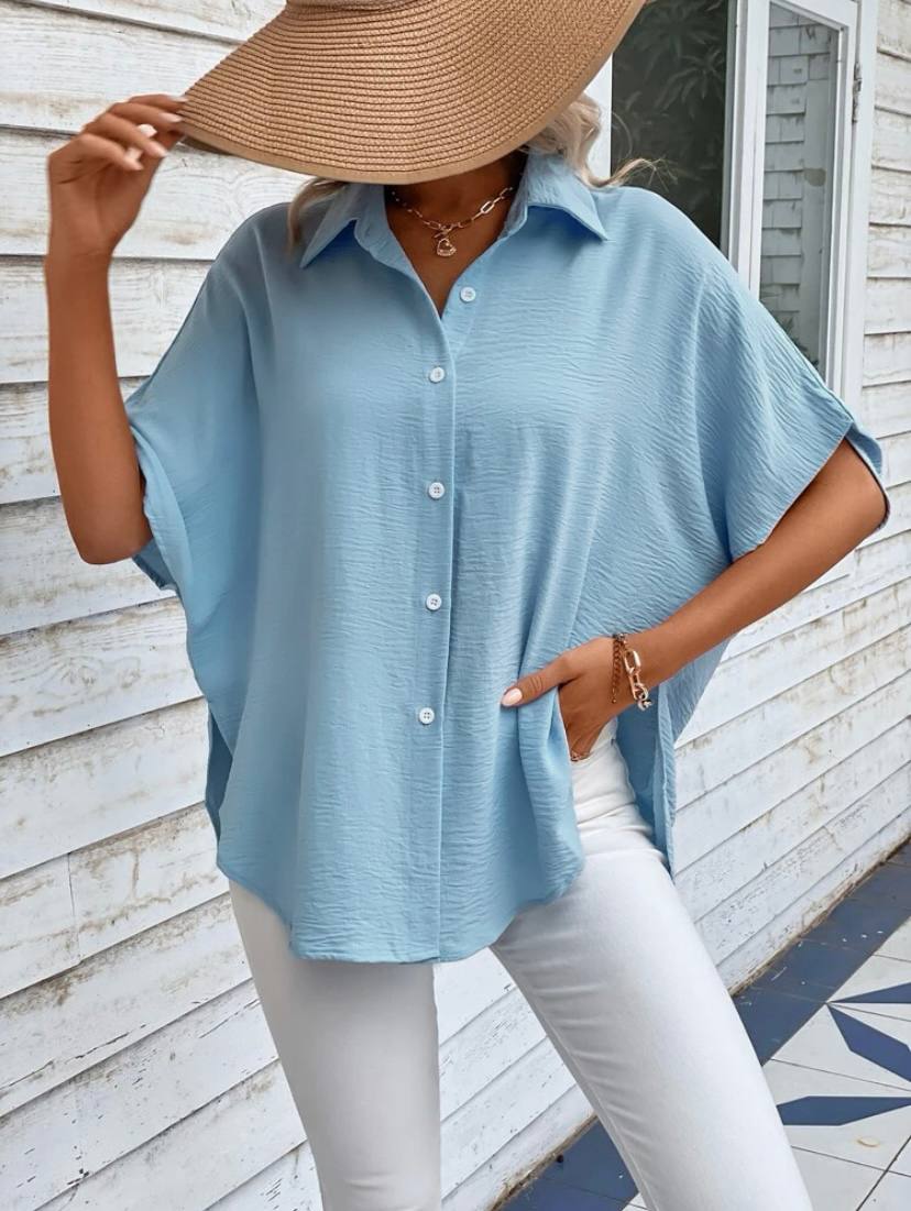 Batwing Short Sleeve Oversized Button Down Shirts