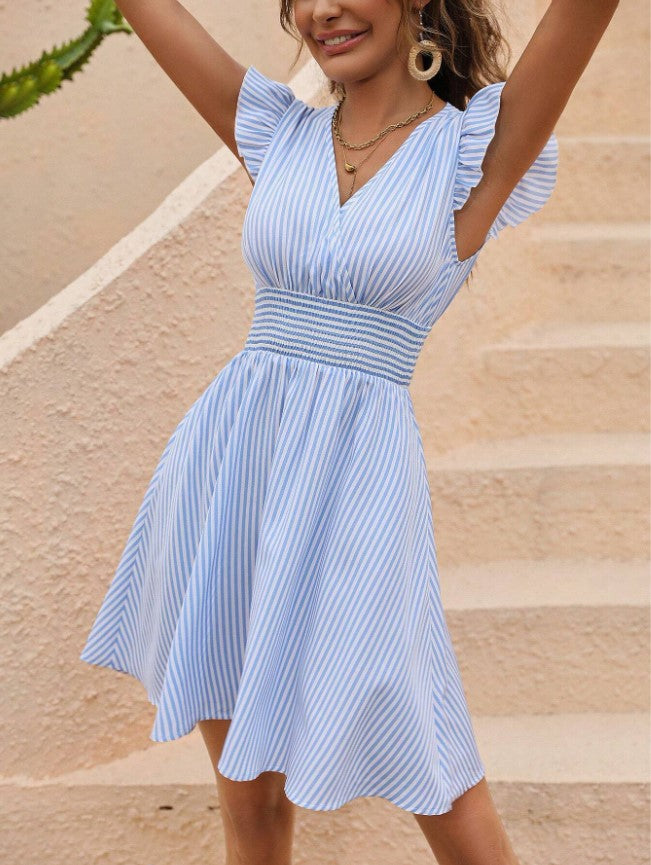 STRIPED BUTTERFLY SLEEVE SUMMER MINI DRESS