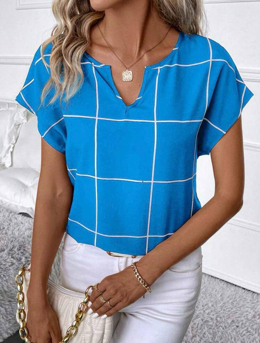 SHORT SLEEVE PLAID BLOUSE TOPS