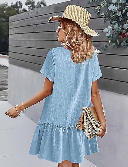 Casual Button Down Shirt Dress Short Sleeve V Neck Mini Summer Dress