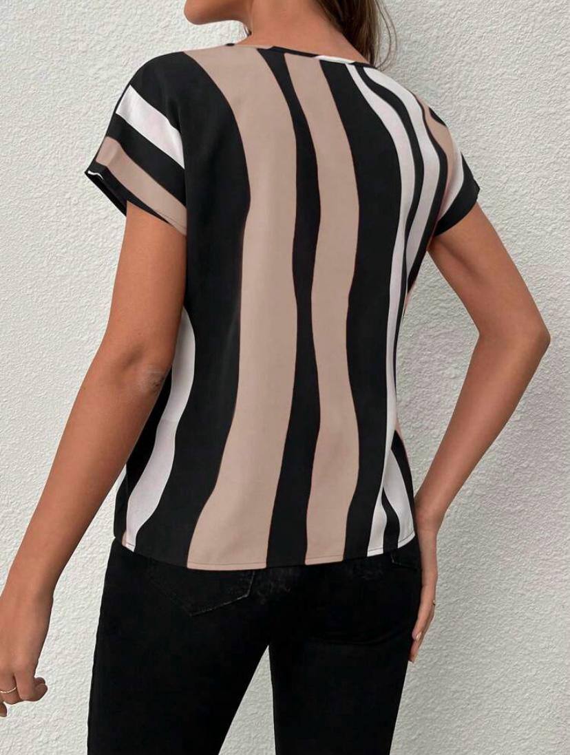 STRIPE V NECK CUT OUT SHORT SLEEVE TOPS BLOUSE