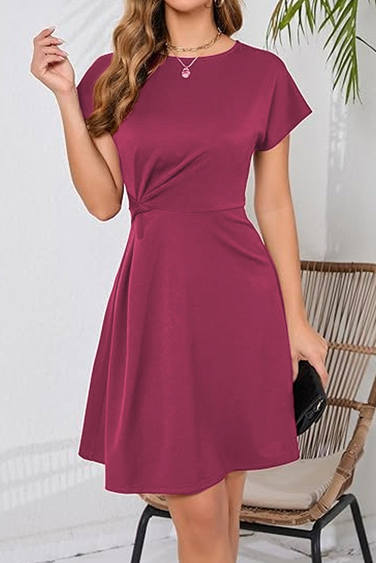 Short Sleeve Twist Knot Cocktail Dress Crew Neck Casual Party Dresses