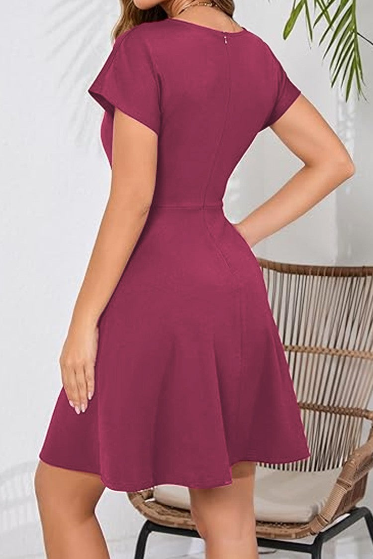 Short Sleeve Twist Knot Cocktail Dress Crew Neck Casual Party Dresses