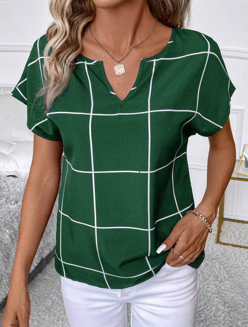 SHORT SLEEVE PLAID BLOUSE TOPS