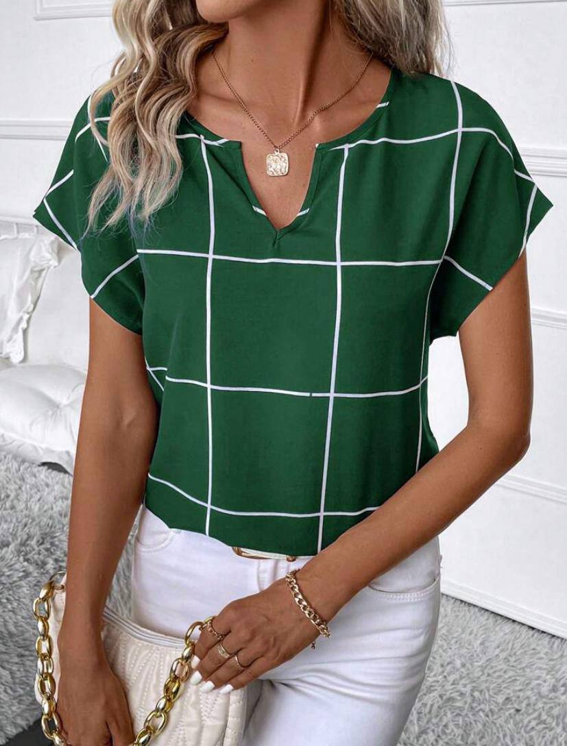 SHORT SLEEVE PLAID BLOUSE TOPS