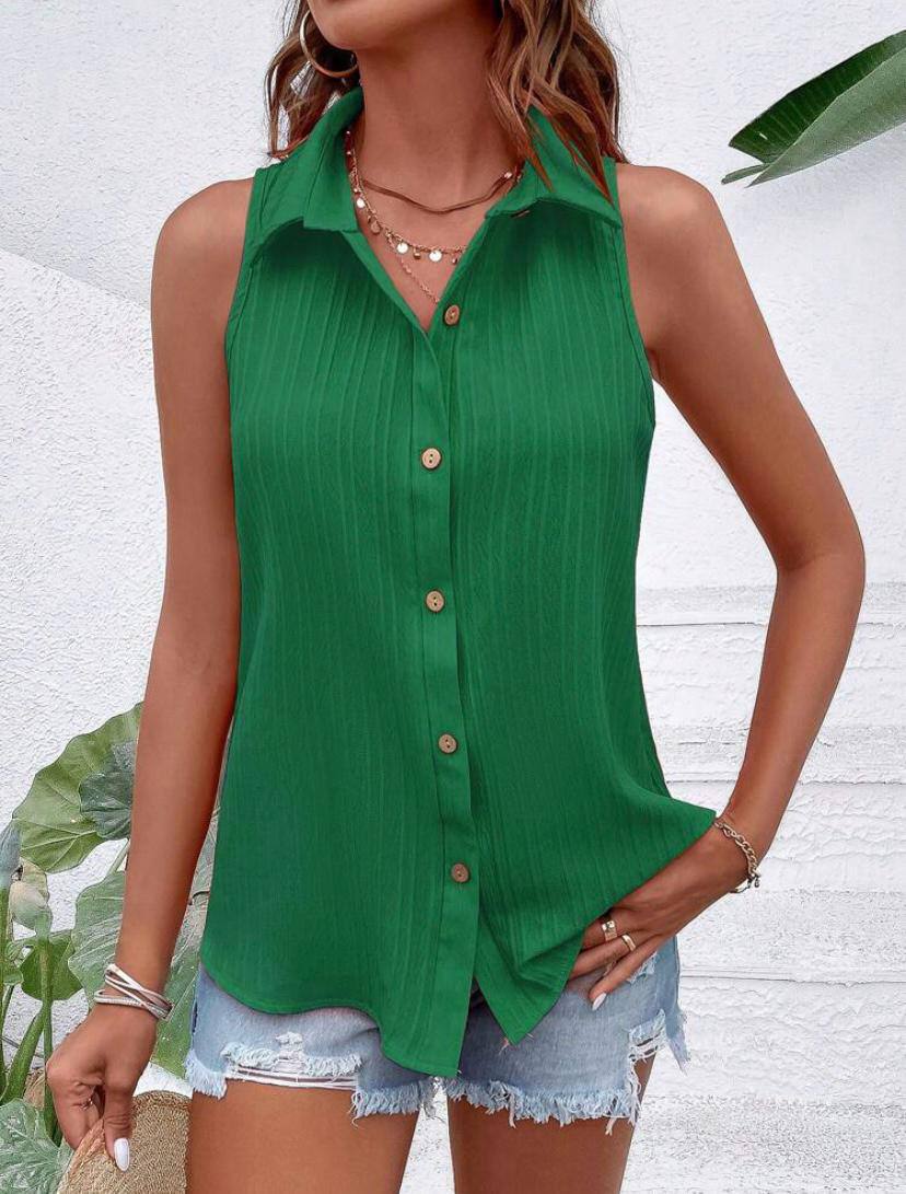 CRINKLE SLEEVELESS BUTTON FRONT SHIRTS TOPS