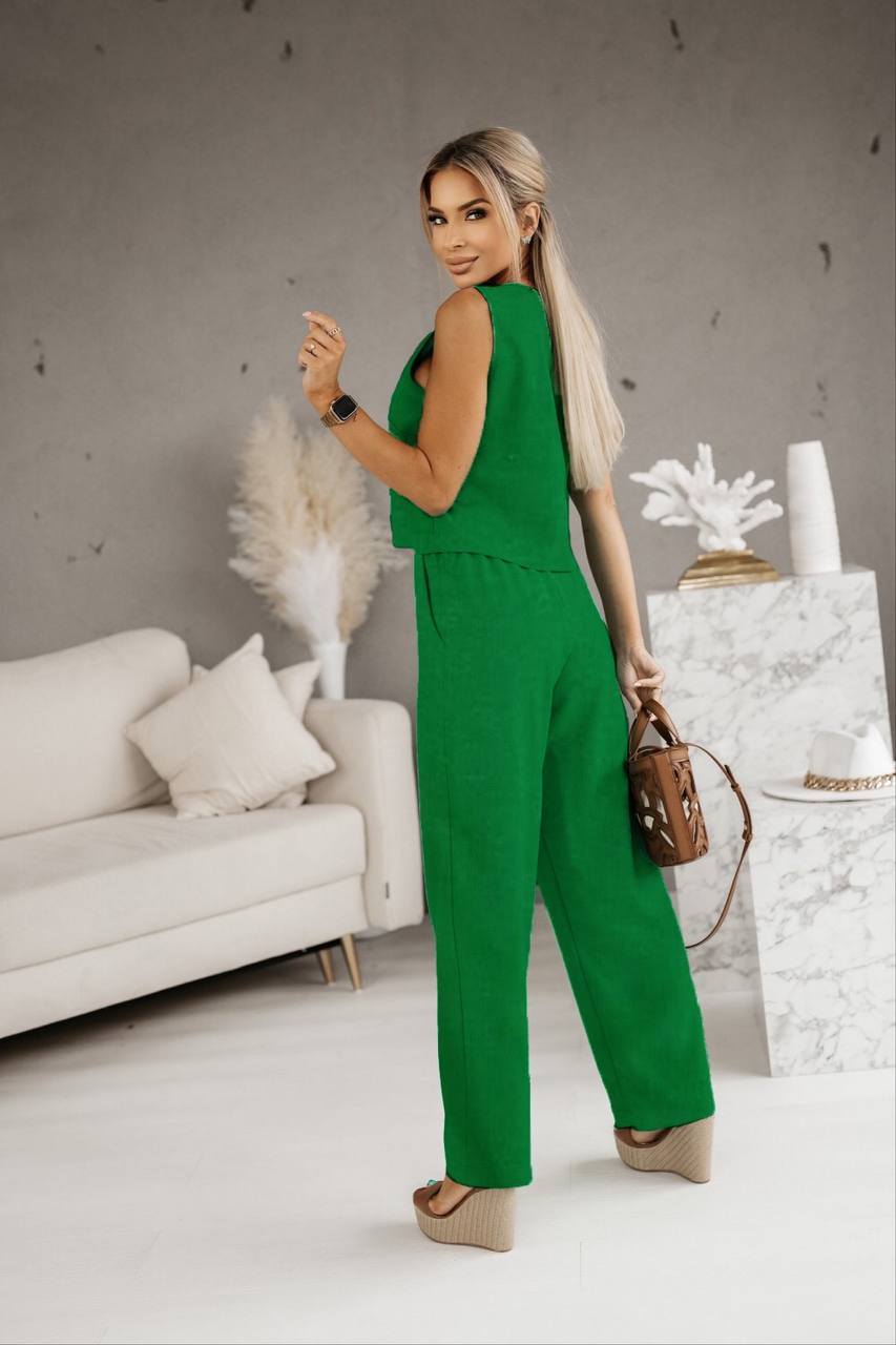 SOLID COLOR V NECK SLEEVELESS CROP 2-PIECE SET