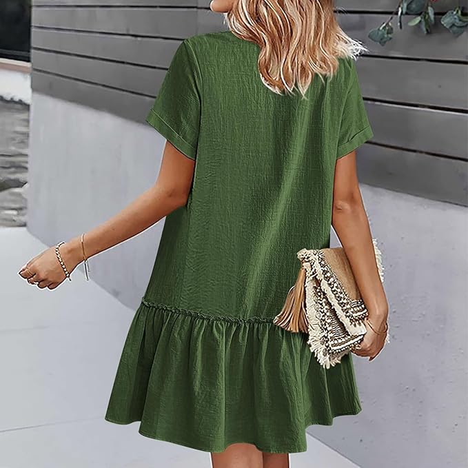 Casual Button Down Shirt Dress Short Sleeve V Neck Mini Summer Dress