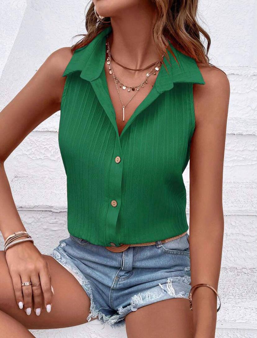 CRINKLE SLEEVELESS BUTTON FRONT SHIRTS TOPS