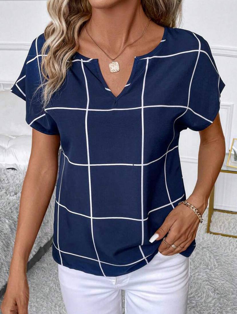 SHORT SLEEVE PLAID BLOUSE TOPS