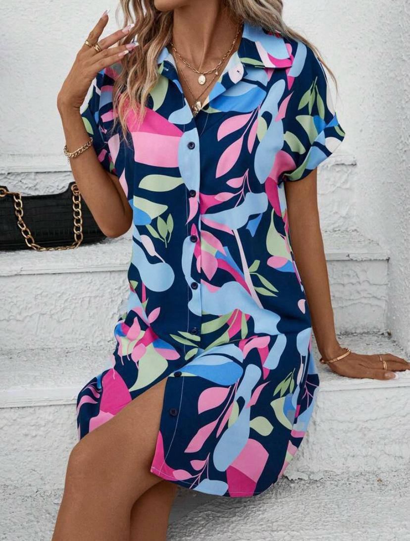 SUMMER FLORAL MINI DRESS WITH BUTTON UP SHORT SLEEVE SUN DRESS