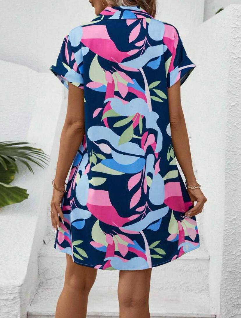 SUMMER FLORAL MINI DRESS WITH BUTTON UP SHORT SLEEVE SUN DRESS