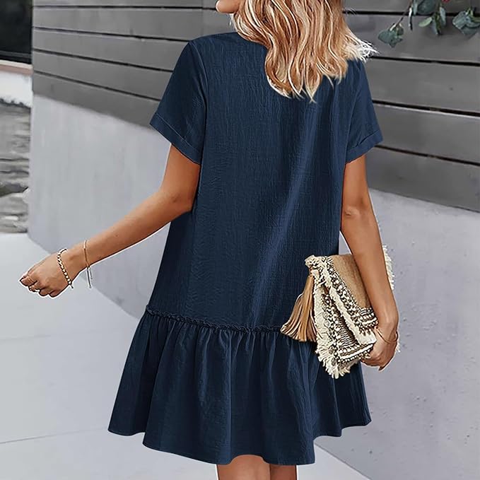 Casual Button Down Shirt Dress Short Sleeve V Neck Mini Summer Dress