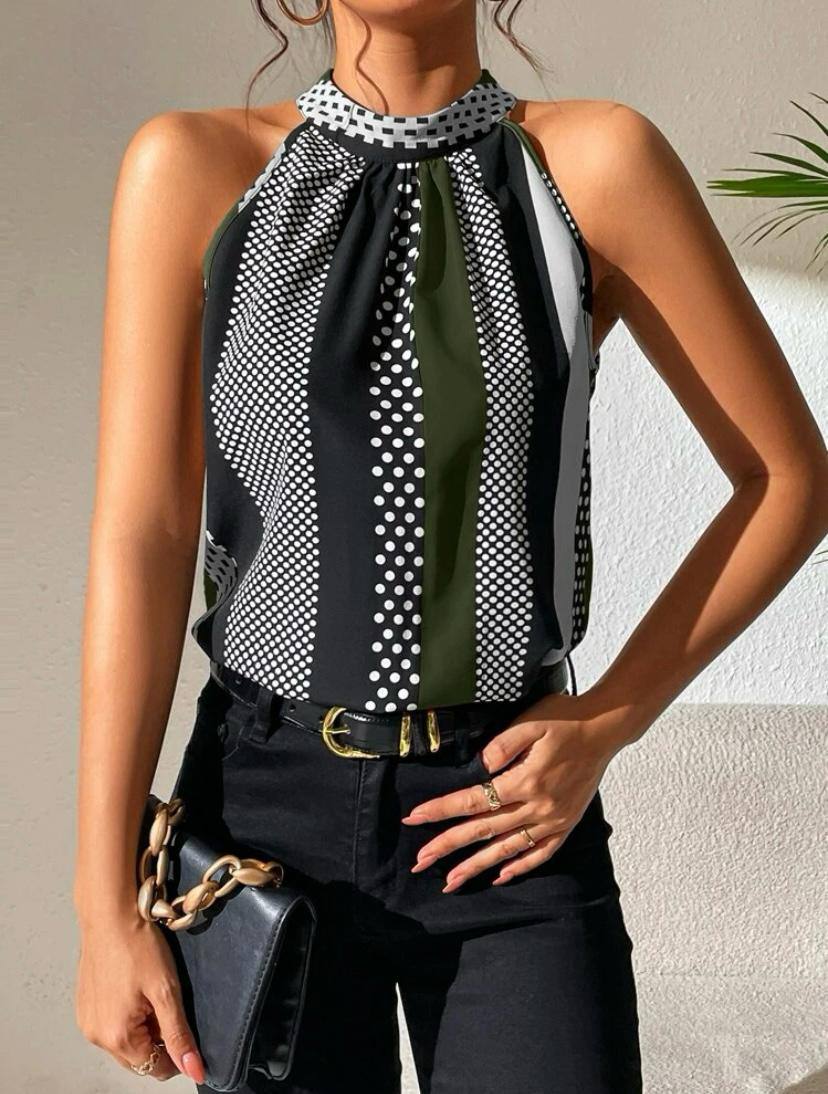 Stripe Halter Top with Keyhole Back and Polka Dot Stripe Sleveless Blouse