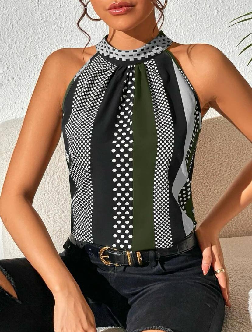 Stripe Halter Top with Keyhole Back and Polka Dot Stripe Sleveless Blouse