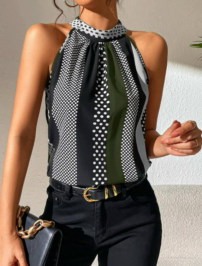 Stripe Halter Top with Keyhole Back and Polka Dot Stripe Sleveless Blouse