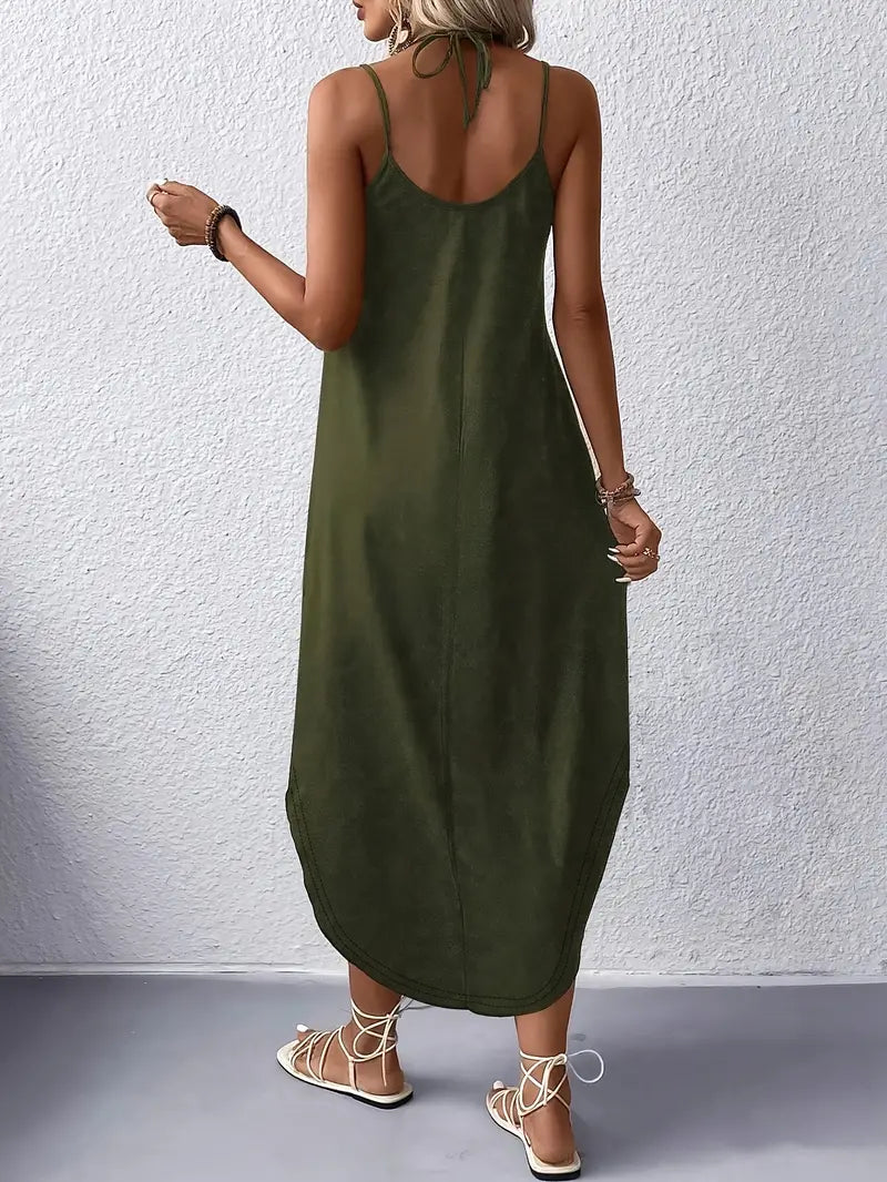 Solid Summer Strap Halter Cami Midi Dress