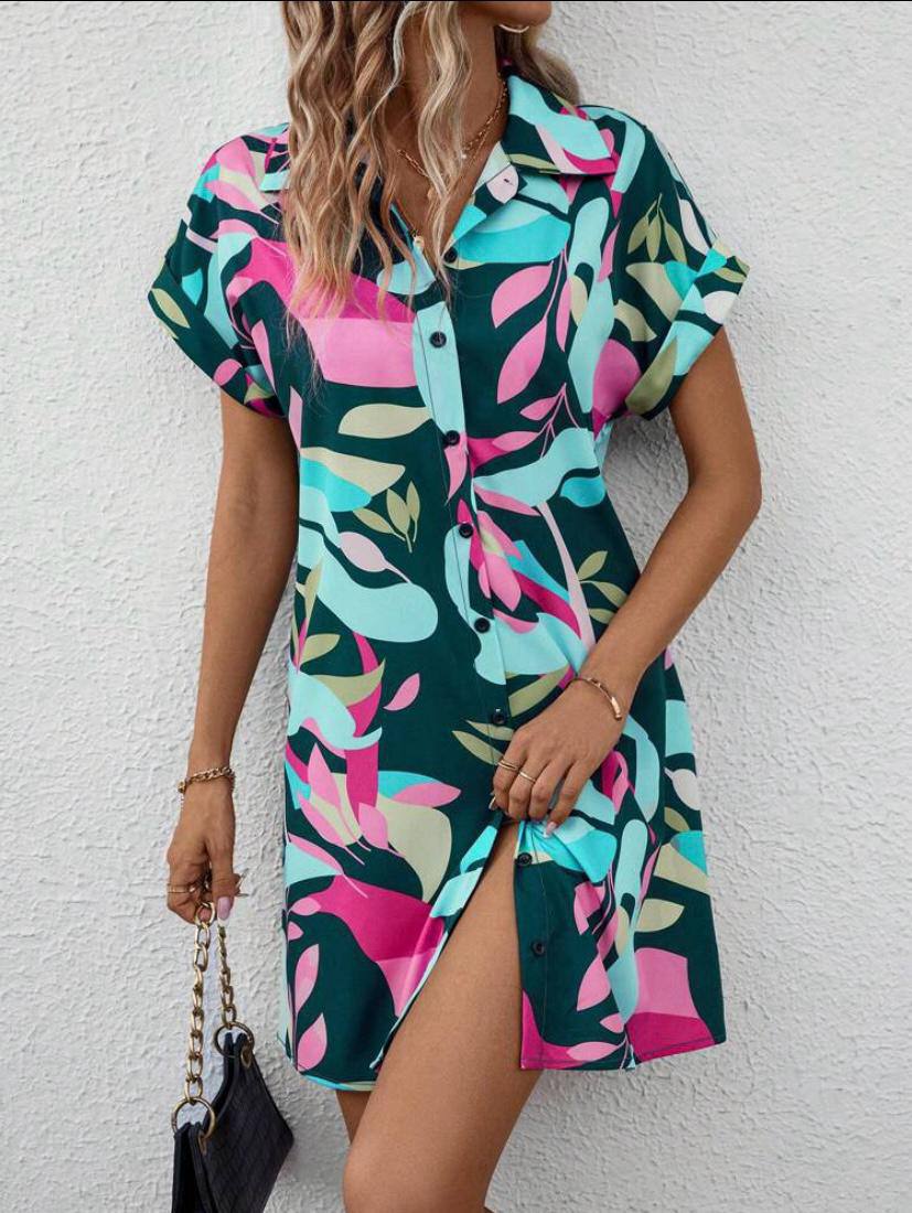 SUMMER FLORAL MINI DRESS WITH BUTTON UP SHORT SLEEVE SUN DRESS