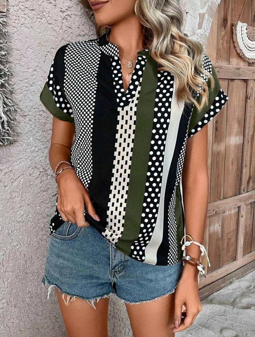 POLKA DOT STRIPE V NECK BATWING SHORT SLEEVE TOPS BLOUSE