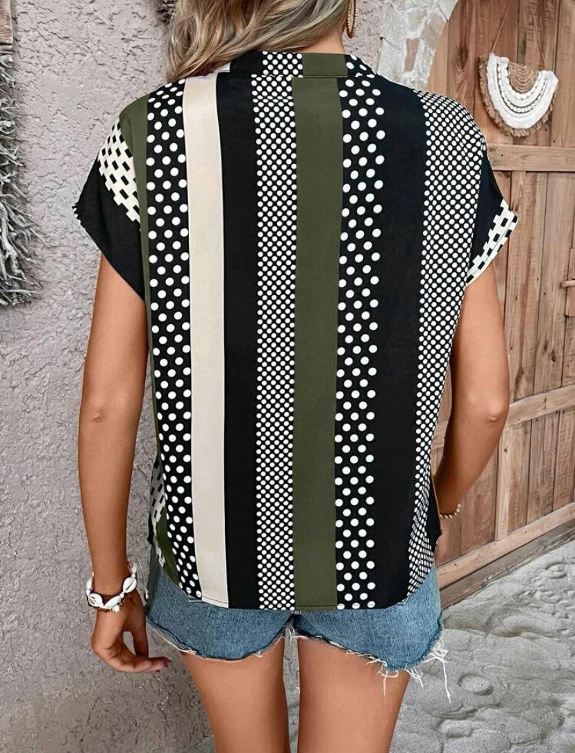 POLKA DOT STRIPE V NECK BATWING SHORT SLEEVE TOPS BLOUSE