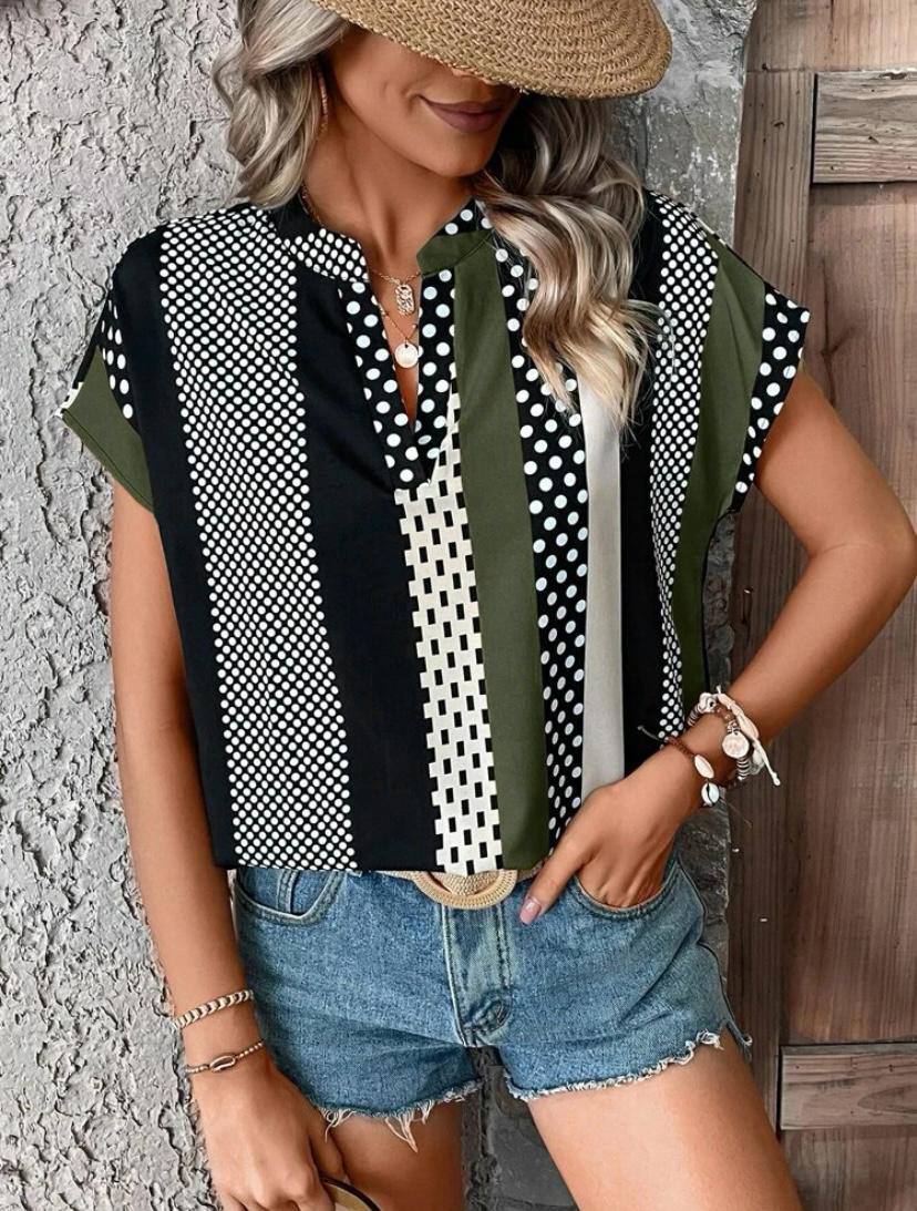 POLKA DOT STRIPE V NECK BATWING SHORT SLEEVE TOPS BLOUSE