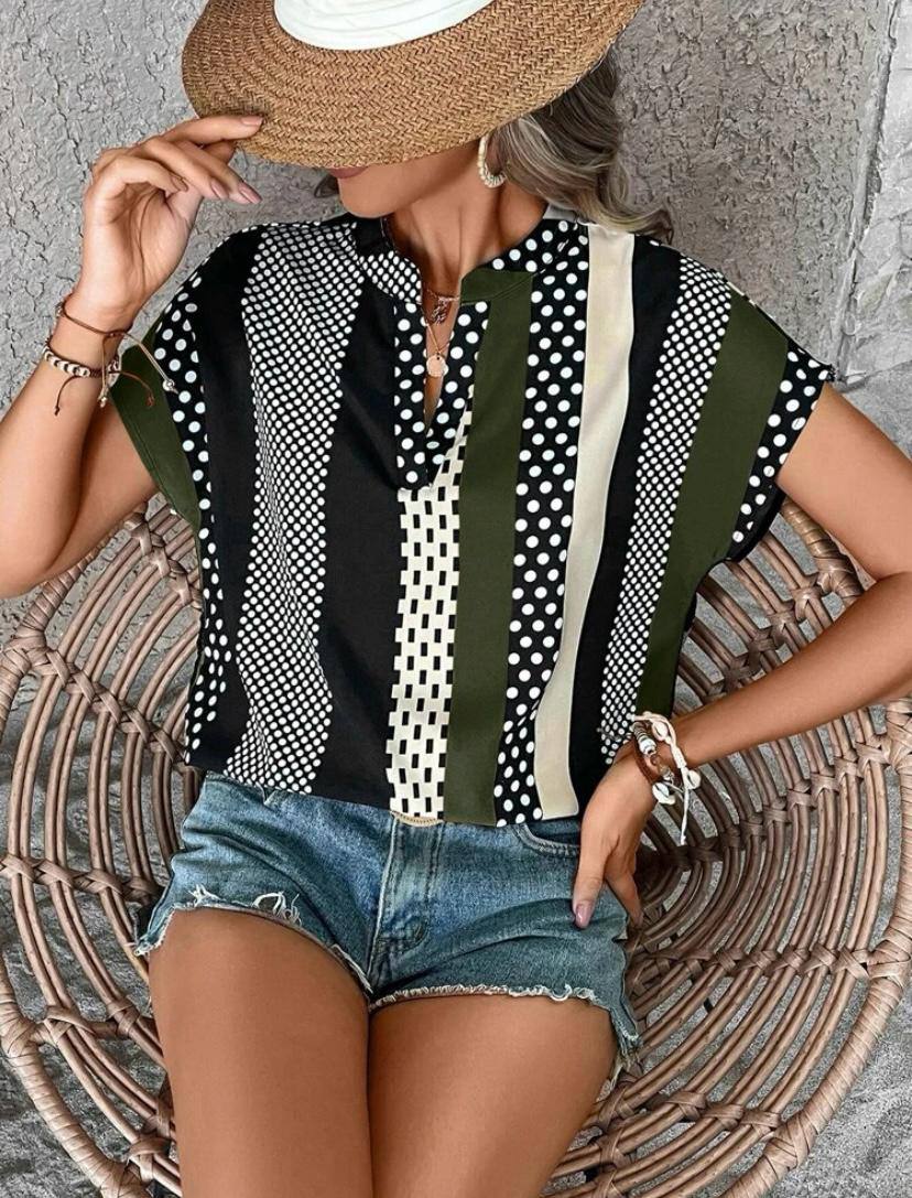 POLKA DOT STRIPE V NECK BATWING SHORT SLEEVE TOPS BLOUSE