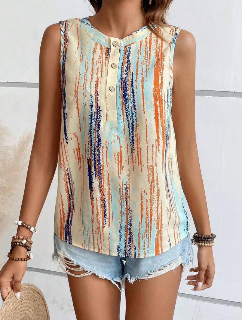 Multicolor Summer Blouse Tops with Half Button Sleeveless