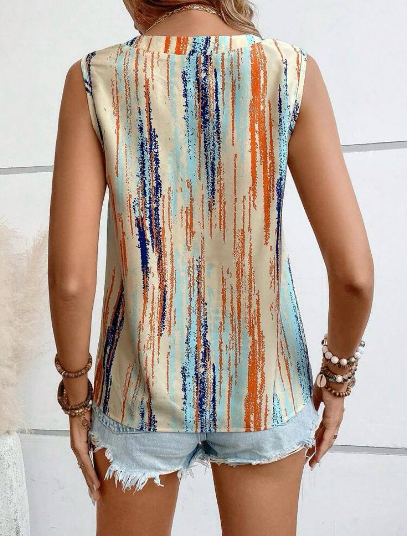 Multicolor Summer Blouse Tops with Half Button Sleeveless