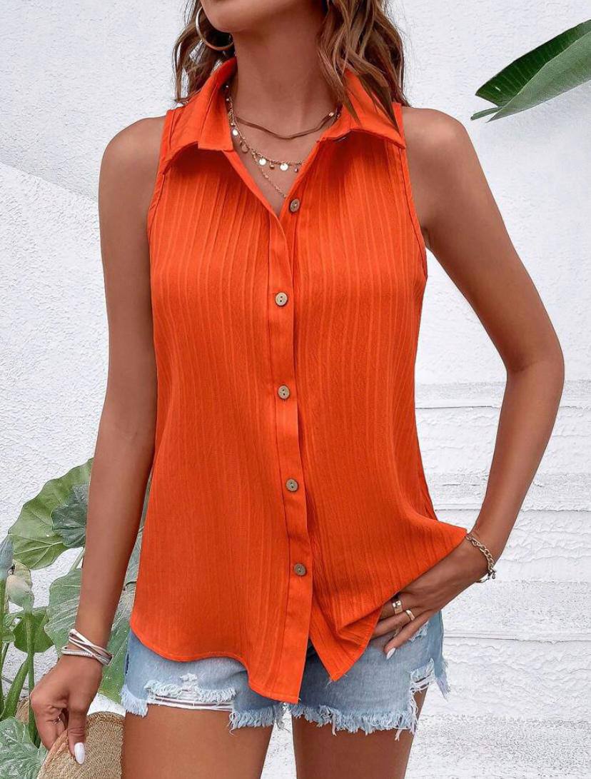 CRINKLE SLEEVELESS BUTTON FRONT SHIRTS TOPS