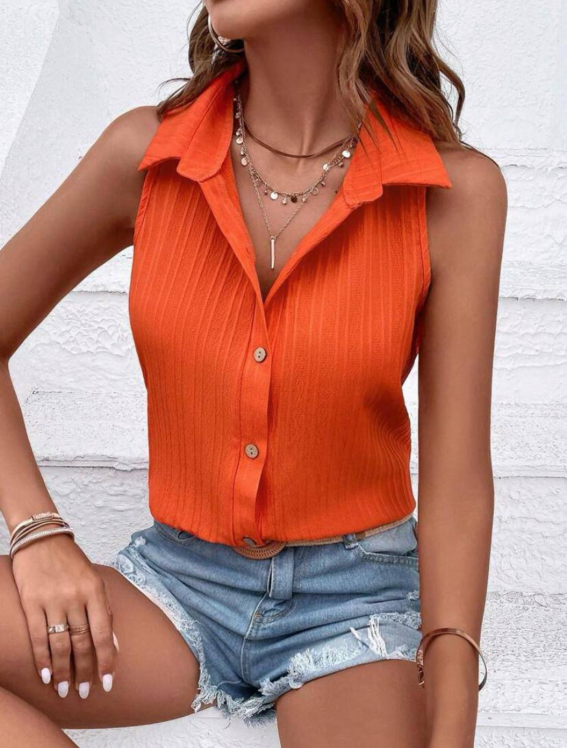 CRINKLE SLEEVELESS BUTTON FRONT SHIRTS TOPS