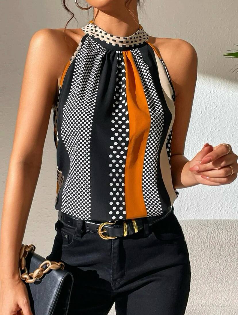 Stripe Halter Top with Keyhole Back and Polka Dot Stripe Sleveless Blouse