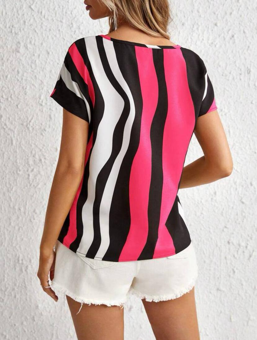 STRIPE V NECK CUT OUT SHORT SLEEVE TOPS BLOUSE