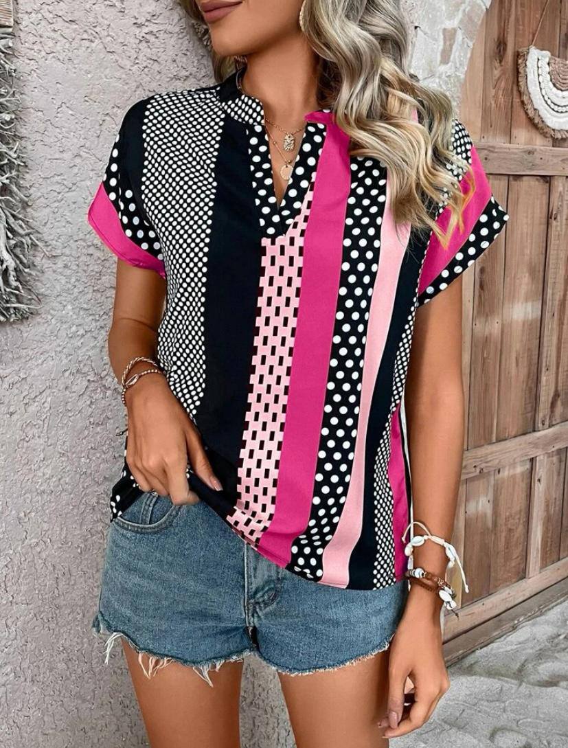 POLKA DOT STRIPE V NECK BATWING SHORT SLEEVE TOPS BLOUSE