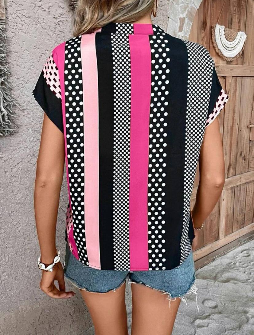 POLKA DOT STRIPE V NECK BATWING SHORT SLEEVE TOPS BLOUSE